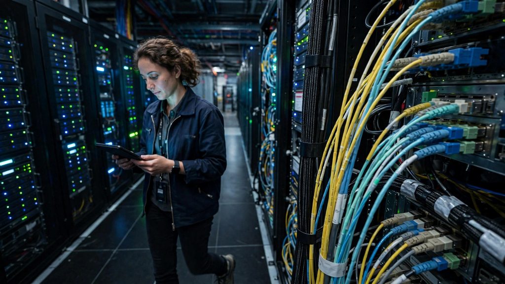 Engineer walking through a glowing data center aisle with rows of server racks, illustrating Upscale AI's Token Fabric networking platform for AI chips