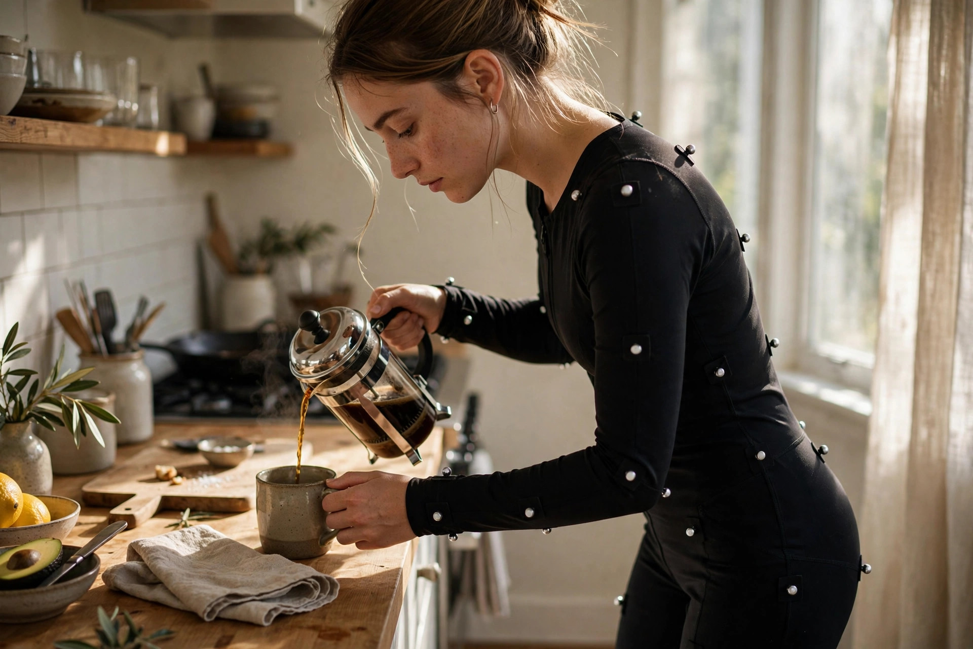 A woman wearing a body motion-capture sensor suit pours coffee in a sunlit home kitchen.