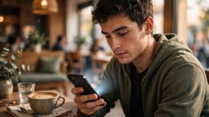 A young man using a smartphone in a cafe, illustrating ChatGPT's new interface