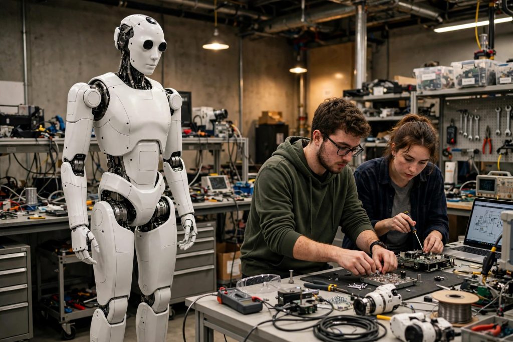A white humanoid robot stands beside engineers working at a bench in a robotics research lab.