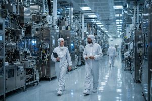Engineers in white cleanroom suits walk through a vast semiconductor fabrication corridor.