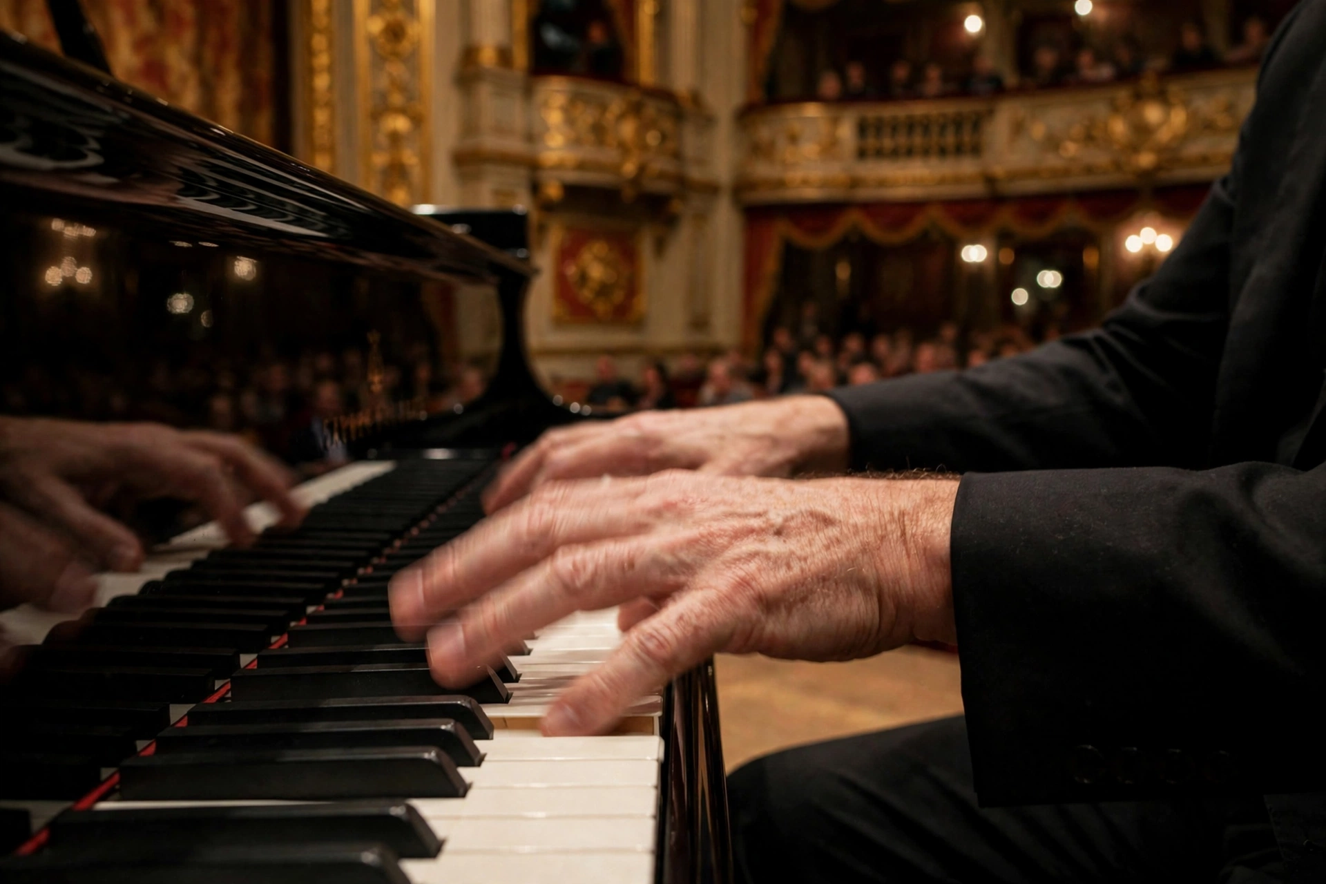 Pianist performing Liszt on a grand piano in a concert hall for German cultural events in New York, October 2026