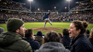 A pitcher throws mid-motion on the mound at night in a packed baseball stadium, fans cheering under bright floodlights.