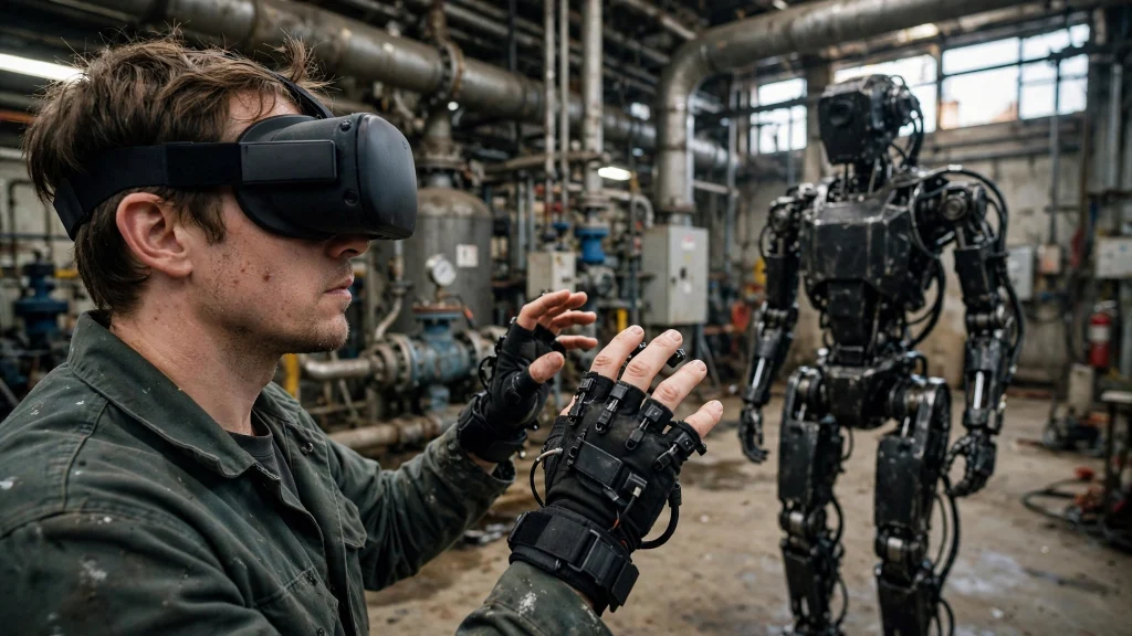 A Minerva humanoid robot named Roger working inside an industrial energy facility while an operator controls it remotely