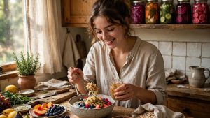 Woman prepares a colorful fiber-rich breakfast bowl with fermented foods