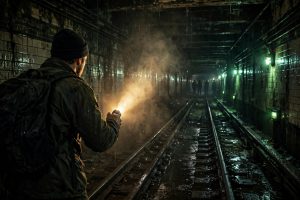 A lone explorer shines a flashlight into a dark abandoned subway tunnel beneath New York City, shadowy figures visible in the distance