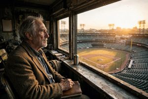 An aging sportswriter with a notebook sits in a press box overlooking a golden-hour baseball stadium