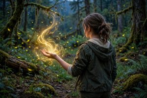 A teenage girl discovers golden magic swirling from her hands in a misty enchanted forest clearing at dusk
