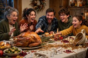 A joyful family reacts as a roasted turkey slides across a chaotic Thanksgiving dinner table