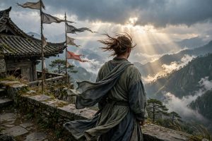 A lone traveler in wind-whipped robes standing on a stone overlook above clouds