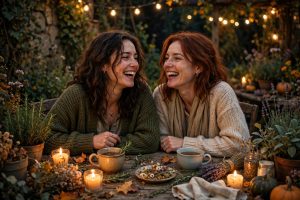 Two sisters laugh together under string lights at a candlelit garden table on an autumn evening