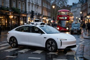 Robotaxi driving through rainy London street at night, neon reflections on wet pavement, driverless car documentary photography