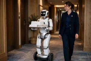 Humanoid service robot assisting in a modern hotel lobby, Singapore, editorial documentary photography with natural light